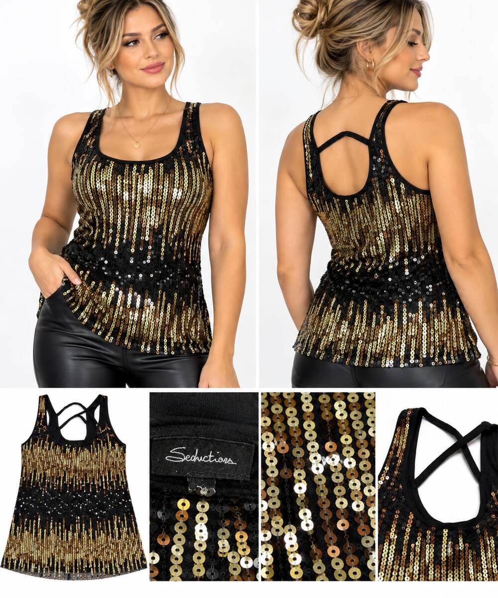 Seductions Sequin Tank Top Black Gold Size Medium